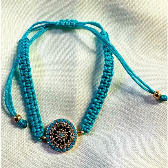 Blue Macrame Evil Eye Turquoise and Cubic Zirconia Setting Bracelet - Picture 1 of 2